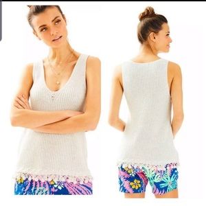 Lilly Pulitzer Jaya Sleeveless Beige Sweater Tank Top W/ Pom Pom Fringe Hem